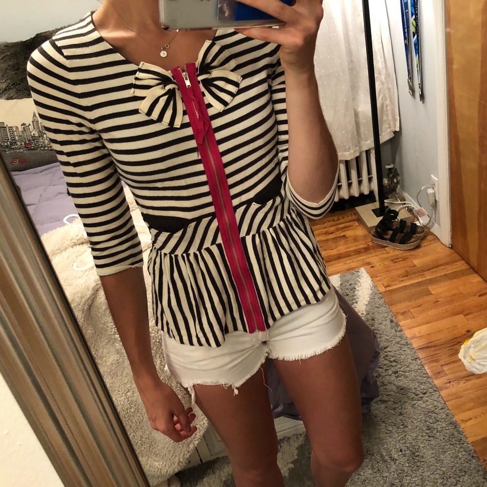 Anthropologie Moth Stripe Zipper Bow Accent Top